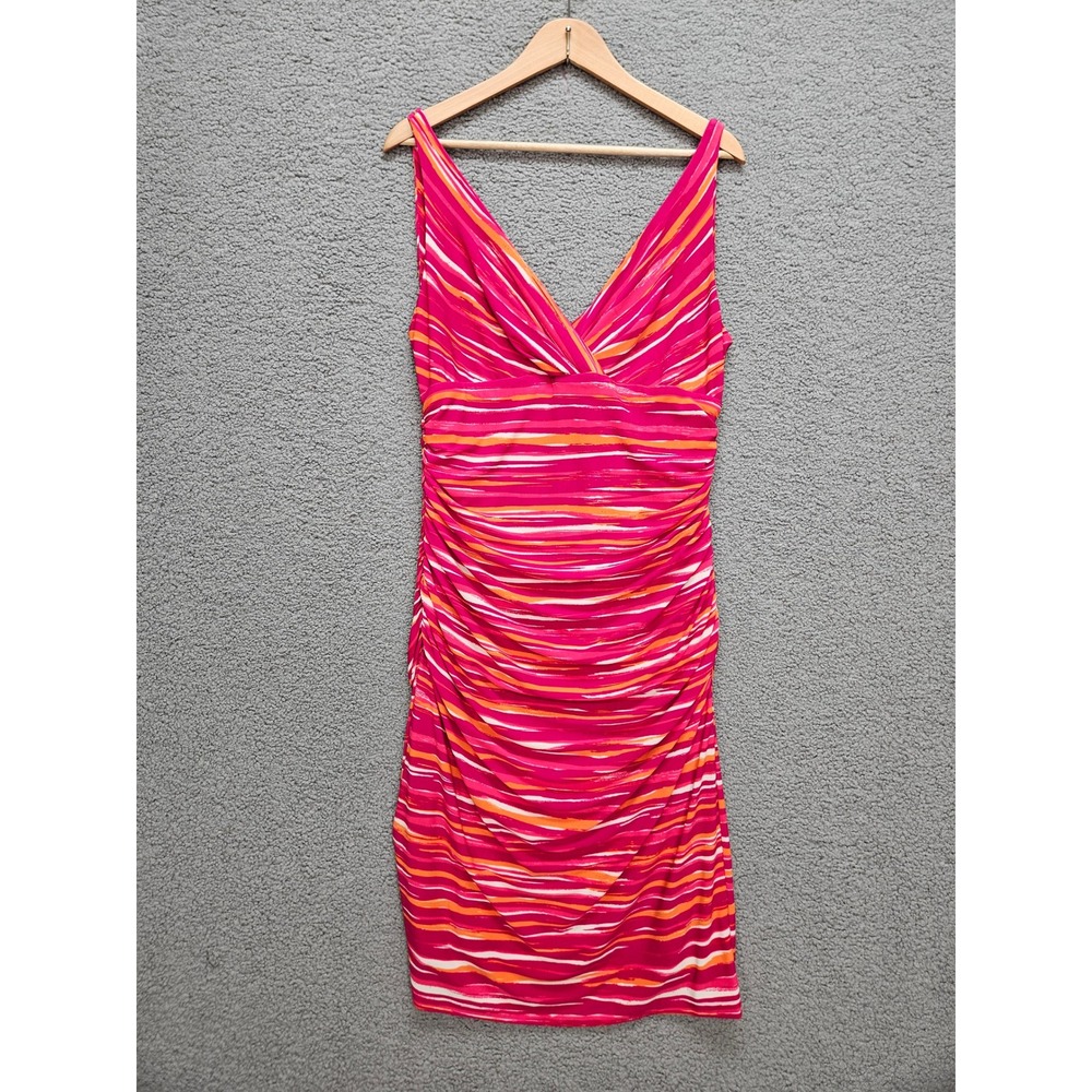 Lauren Ralph Lauren Ruched Sheath Dress 14 Pink Orange Striped V-Neck Bodycon